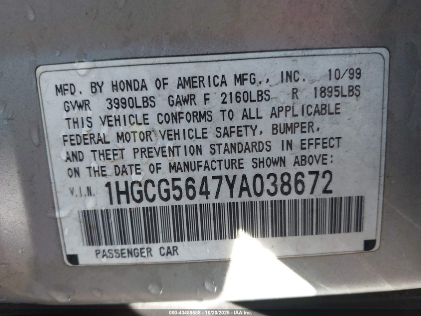1HGCG5647YA038672 2000 HONDA ACCORD photo no. 9