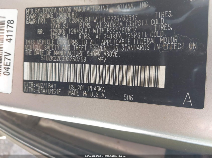 5TDZK22C39S258768 2009 TOYOTA SIENNA photo no. 9
