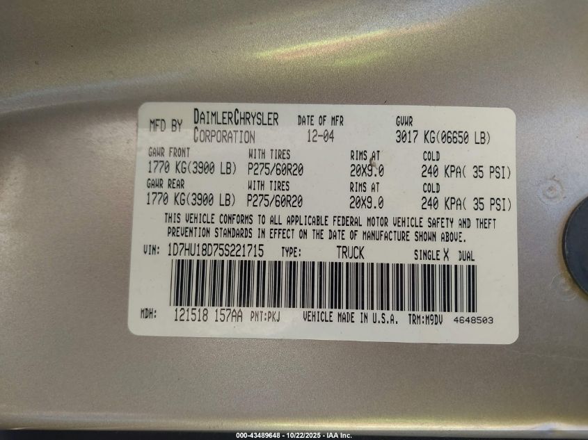 2005 Dodge Ram 1500 Slt/Laramie VIN: 1D7HU18D75S221715 Lot: 43489648