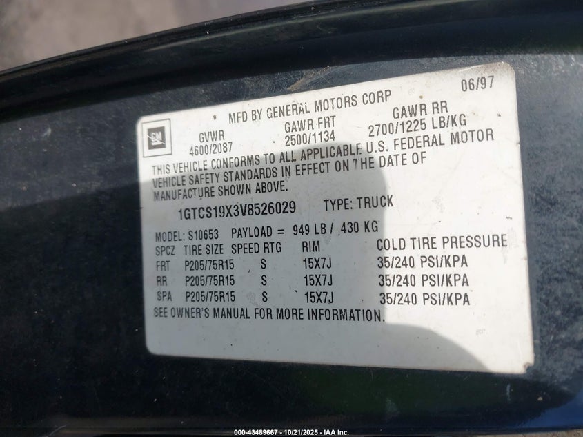 1997 GMC Sonoma Sls Wideside VIN: 1GTCS19X3V8526029 Lot: 43489667