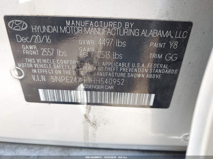 2017 HYUNDAI SONATA 5NPE24AF1HH540952