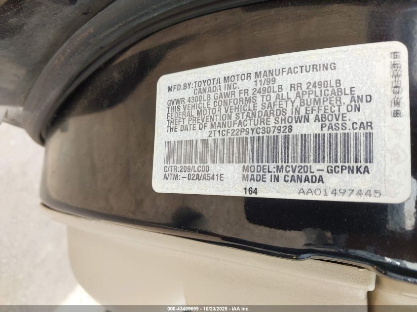 2000 Toyota Camry Solara Sle V6 VIN: 2T1CF22P9YC307928 Lot: 43489699