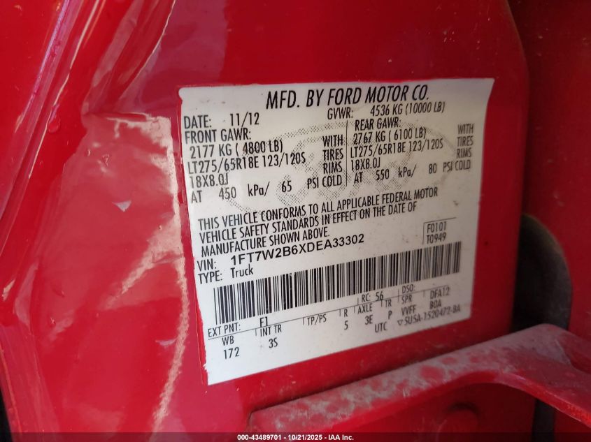 2013 Ford F-250 Xlt VIN: 1FT7W2B6XDEA33302 Lot: 43489701