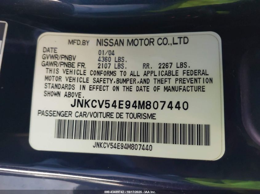 2004 Infiniti G35 VIN: JNKCV54E94M807440 Lot: 43489742