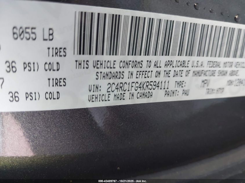 2019 Chrysler Pacifica Touring Plus VIN: 2C4RC1FG4KR594111 Lot: 43489767