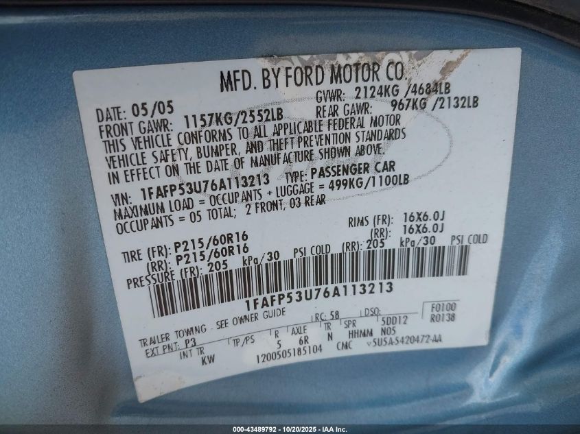 2006 Ford Taurus Se VIN: 1FAFP53U76A113213 Lot: 43489792