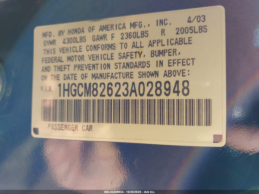 1HGCM82623A028948 2003 HONDA ACCORD photo no. 9