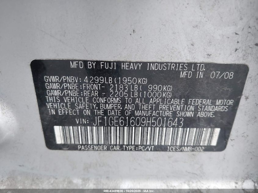 2009 Subaru Impreza 2.5I VIN: JF1GE61609H501643 Lot: 43489836