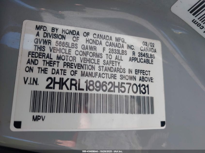 2002 Honda Odyssey Ex-L VIN: 2HKRL18962H570131 Lot: 43489844
