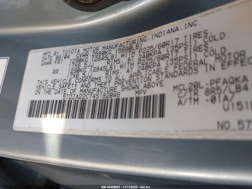 2004 Toyota Sienna Xle Limited VIN: 5TDZA22C74S182046 Lot: 43489892