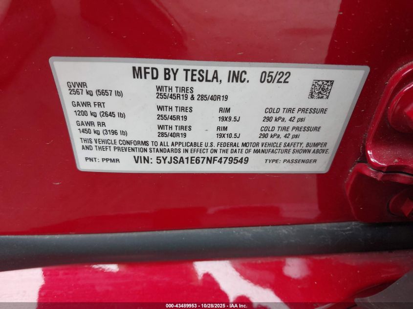 2022 Tesla Model S Plaid Tri Motor All-Wheel Drive VIN: 5YJSA1E67NF479549 Lot: 43489953
