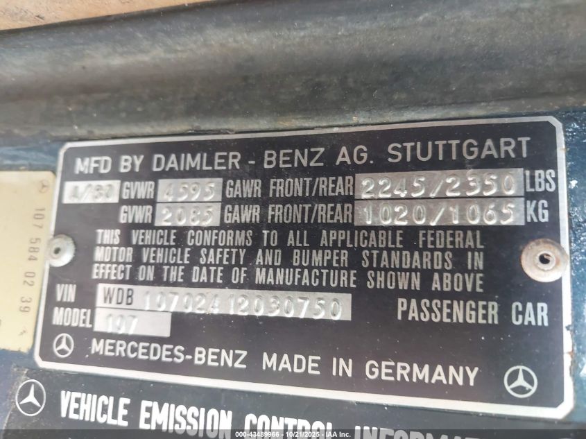 1980 Mercedes-Benz 450 VIN: 10702412030750 Lot: 43489966