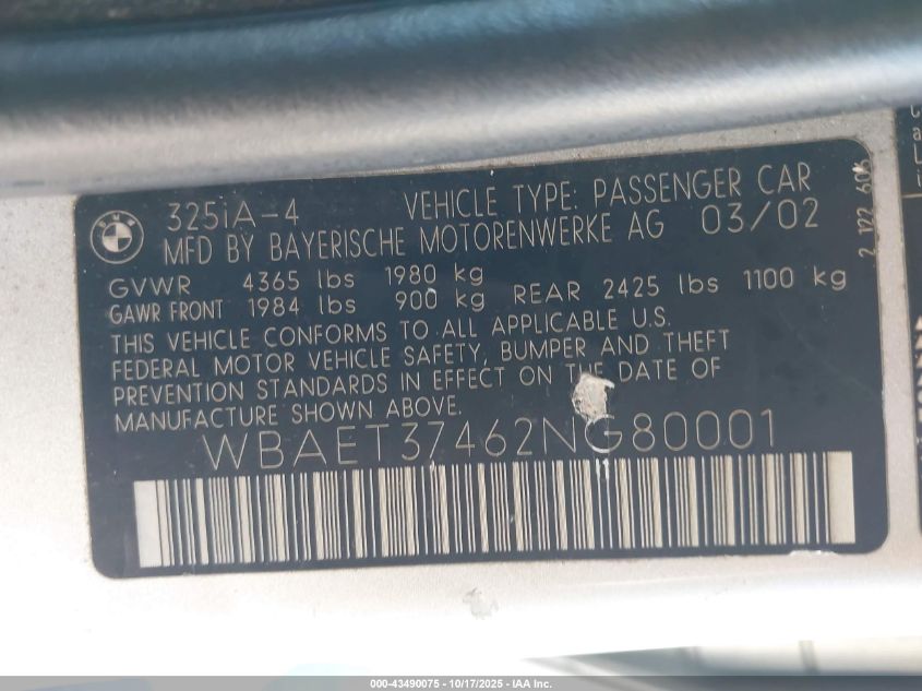 2002 BMW 325I VIN: WBAET37462NG80001 Lot: 43490075