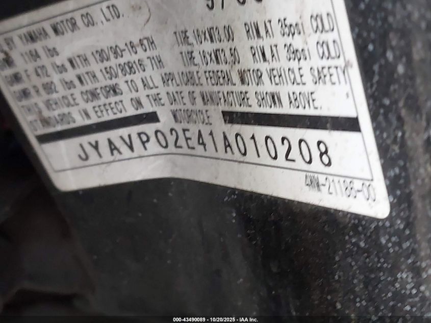 2001 Yamaha Xv1600 Al VIN: JYAVP02E41A010208 Lot: 43490089