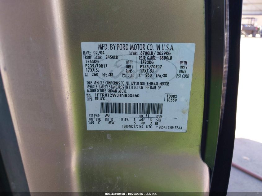 2004 Ford F-150 Stx/Xl/Xlt VIN: 1FTRX12W34NB50560 Lot: 43490108