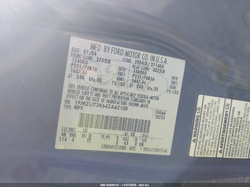 2004 Ford Explorer Nbx/Xlt VIN: 1FMZU73K64ZA62100 Lot: 43490141