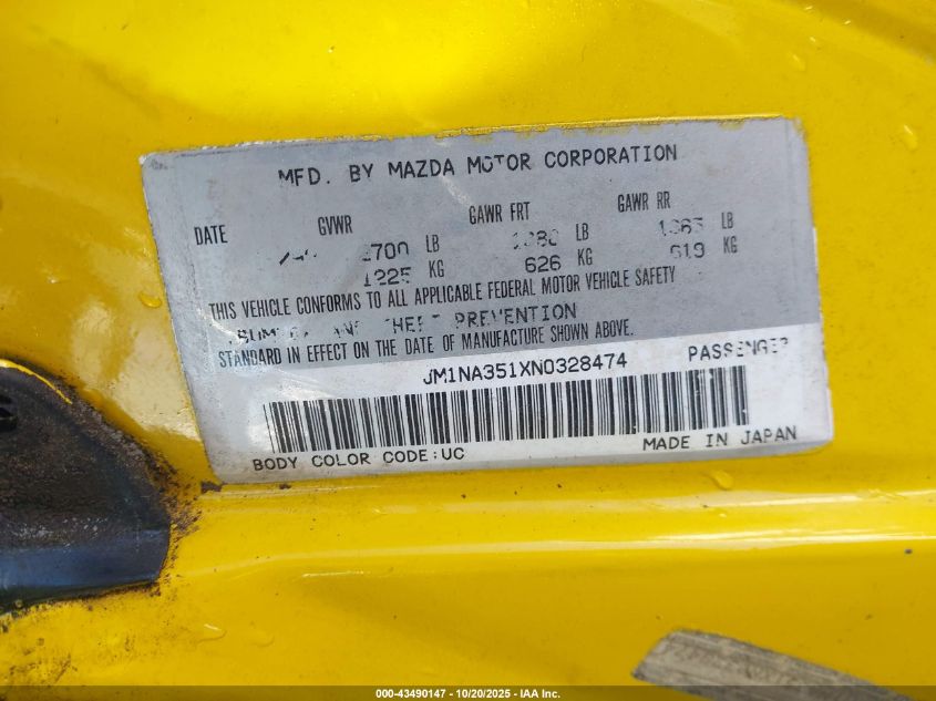 1992 Mazda Mx-5 Miata VIN: JM1NA351XN0328474 Lot: 43490147