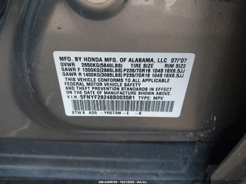 2008 Honda Pilot Vp VIN: 5FNYF28248B003581 Lot: 43490189