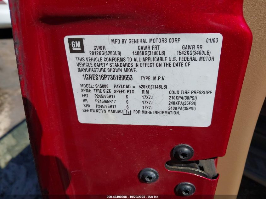 2003 Chevrolet Trailblazer Ext Lt VIN: 1GNES16P736189653 Lot: 43490208