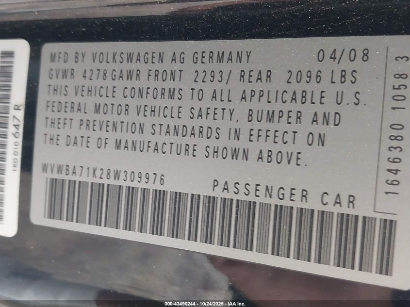 2008 Volkswagen Rabbit S VIN: WVWBA71K28W309976 Lot: 43490244