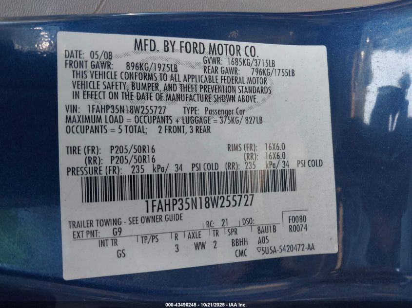 2008 Ford Focus Se/Ses VIN: 1FAHP35N18W255727 Lot: 43490245