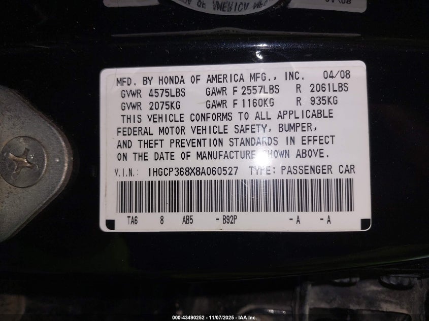 1HGCP368X8A060527 2008 HONDA ACCORD photo no. 9