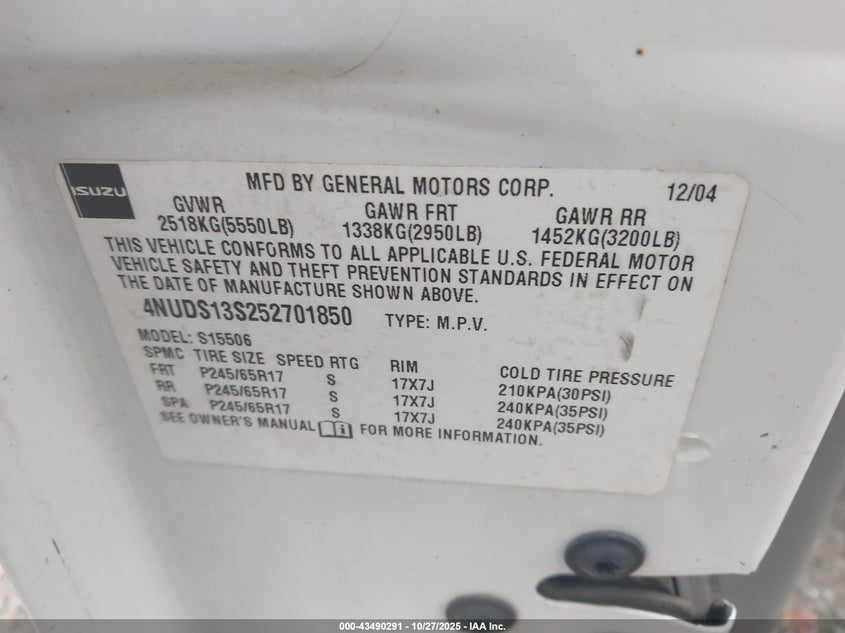 2005 Isuzu Ascender S VIN: 4NUDS13S252701850 Lot: 43490291