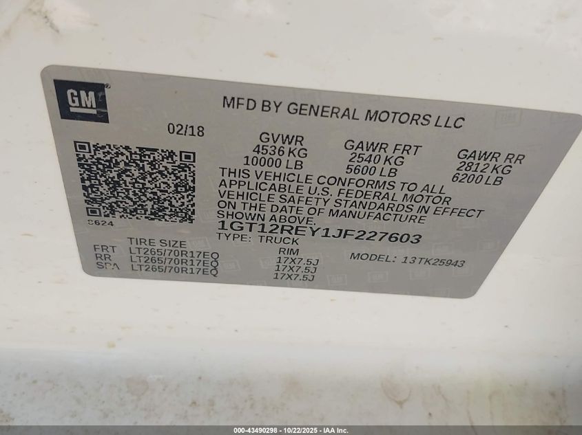 2018 GMC Sierra 2500Hd VIN: 1GT12REY1JF227603 Lot: 43490298