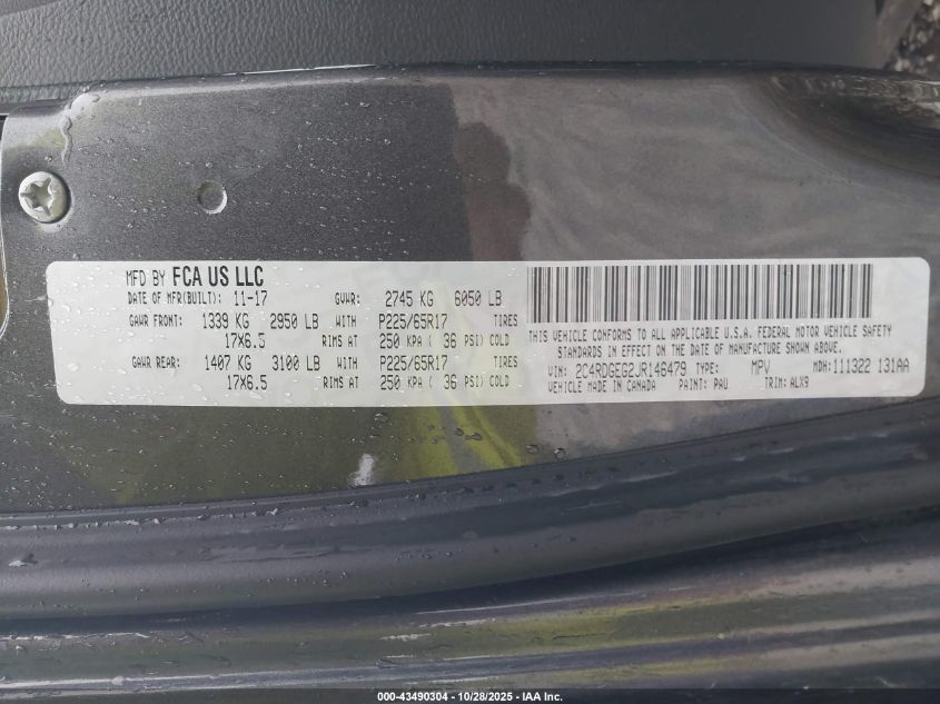 2018 Dodge Grand Caravan Gt VIN: 2C4RDGEG2JR146479 Lot: 43490304