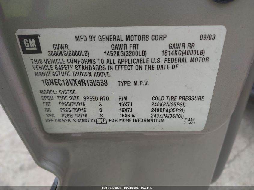 2004 Chevrolet Tahoe Ls VIN: 1GNEC13VX4R150538 Lot: 43490328