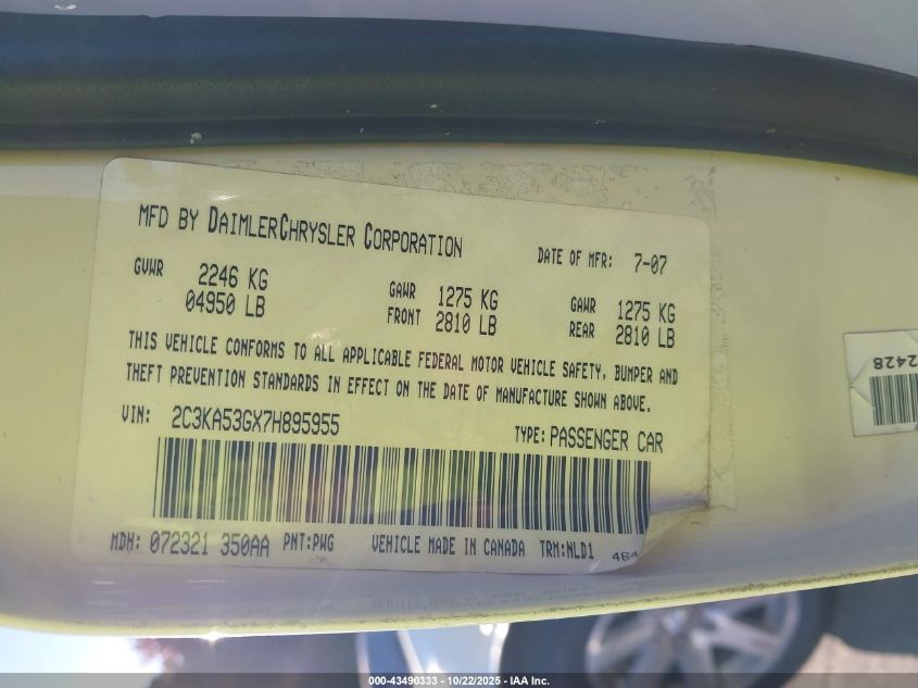2007 Chrysler 300 Touring VIN: 2C3KA53GX7H895955 Lot: 43490333