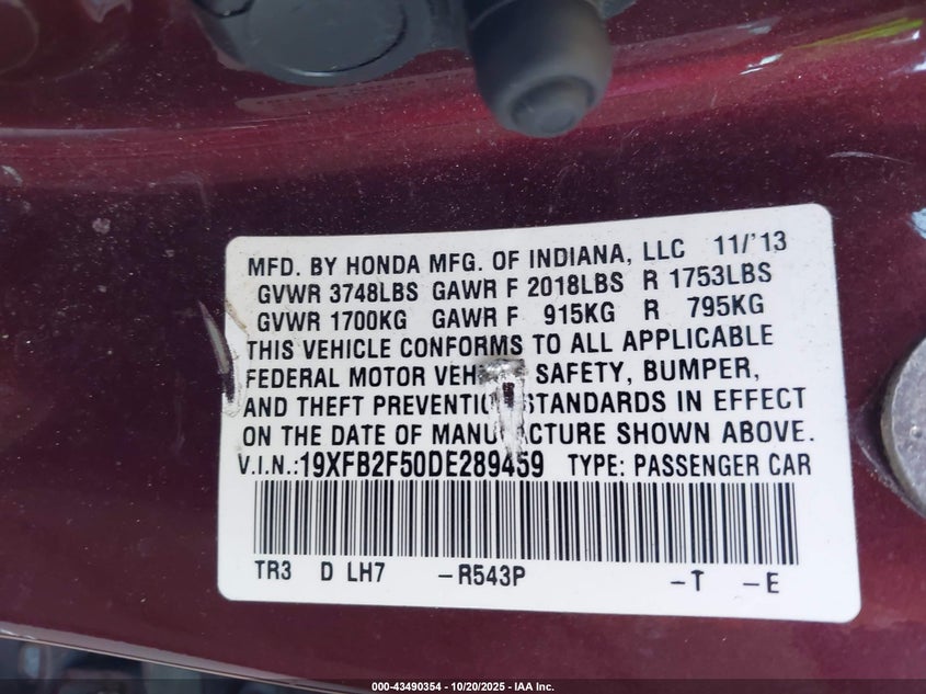 2013 HONDA CIVIC LX 19XFB2F50DE289459