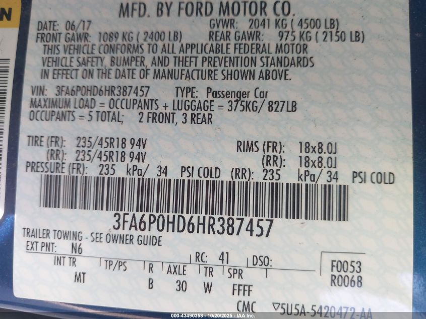 2017 Ford Fusion Se VIN: 3FA6P0HD6HR387457 Lot: 43490358