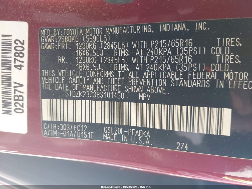 2008 Toyota Sienna Le VIN: 5TDZK23C38S101450 Lot: 43490408