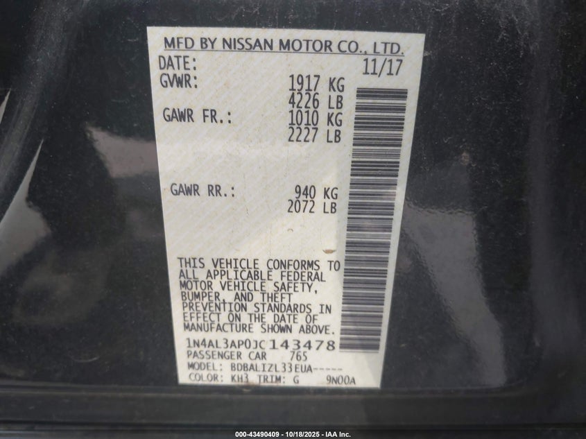 2018 NISSAN ALTIMA 2.5 SV 1N4AL3AP0JC143478