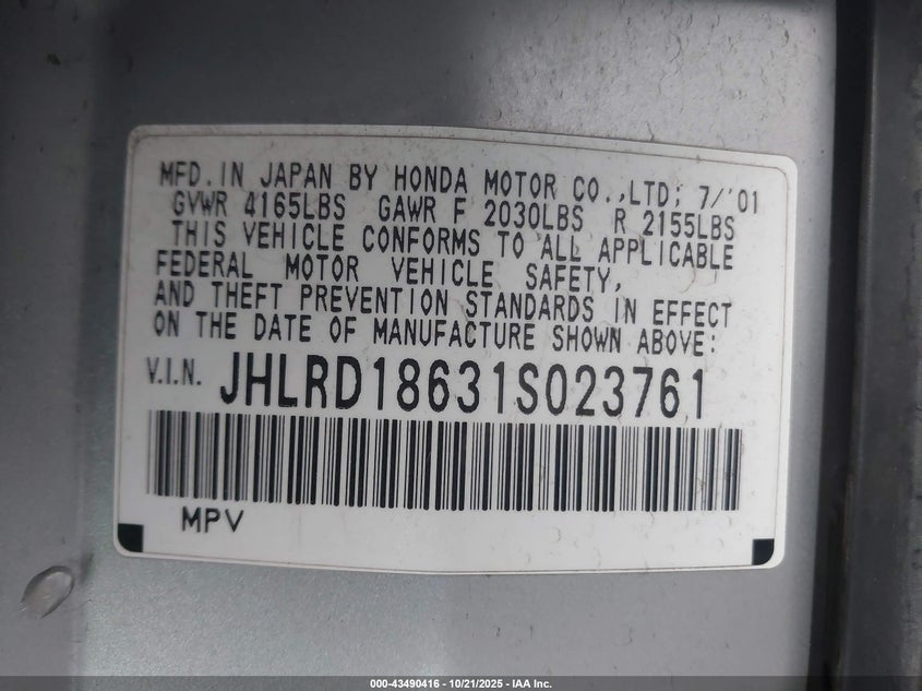 JHLRD18631S023761 2001 HONDA CR-V photo no. 9