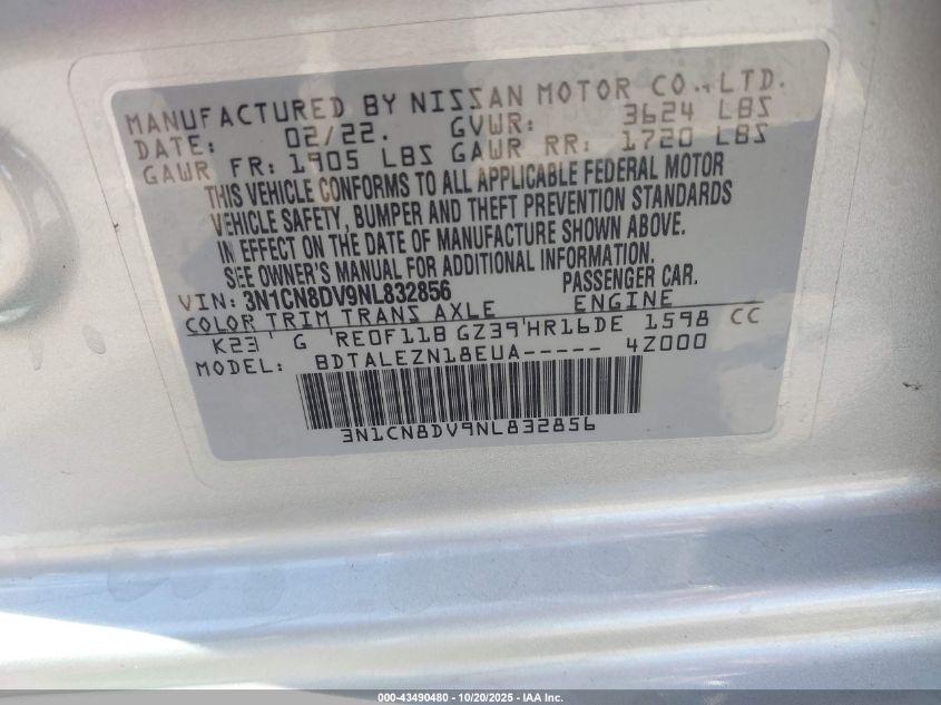 2022 Nissan Versa 1.6 S Xtronic Cvt VIN: 3N1CN8DV9NL832856 Lot: 43490480