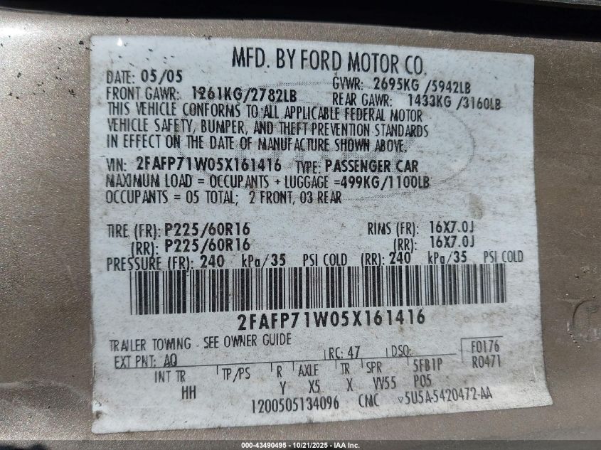 2005 Ford Crown Victoria Police VIN: 2FAFP71W05X161416 Lot: 43490495