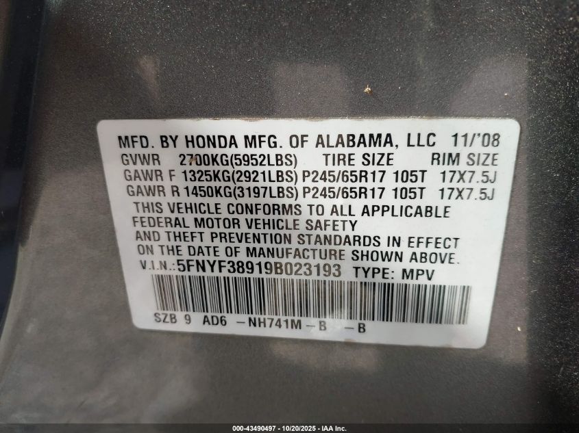 2009 Honda Pilot Touring VIN: 5FNYF38919B023193 Lot: 43490497
