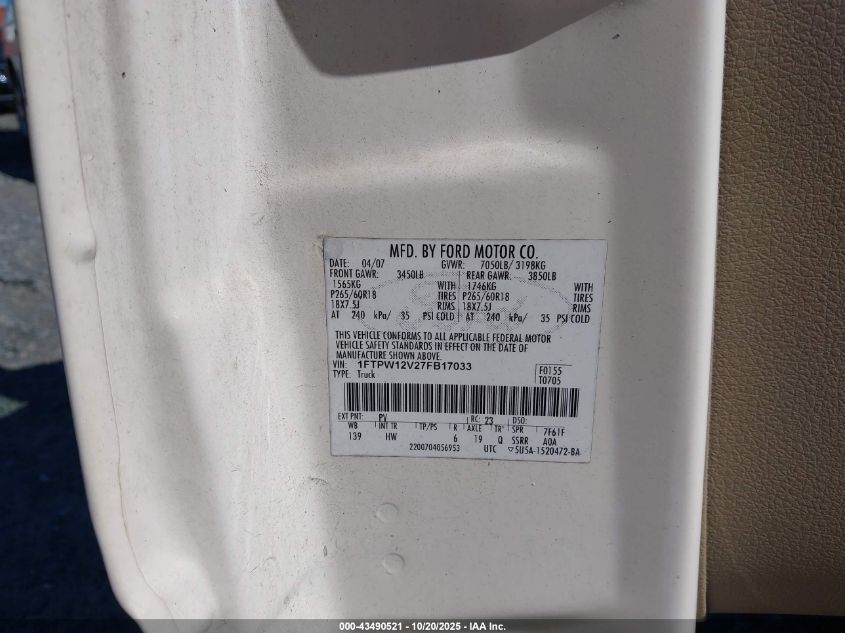 2007 Ford F-150 Fx2/Lariat/Xlt VIN: 1FTPW12V27FB17033 Lot: 43490521