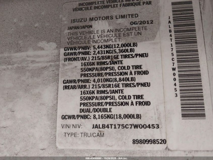 2012 Isuzu Commercial Van VIN: JALB4T175C7W00453 Lot: 43490560