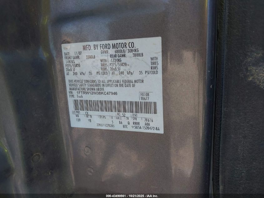 2008 Ford F-150 60Th Anniversary/Fx2/Xl/Xlt VIN: 1FTRW12W38KC47946 Lot: 43490561