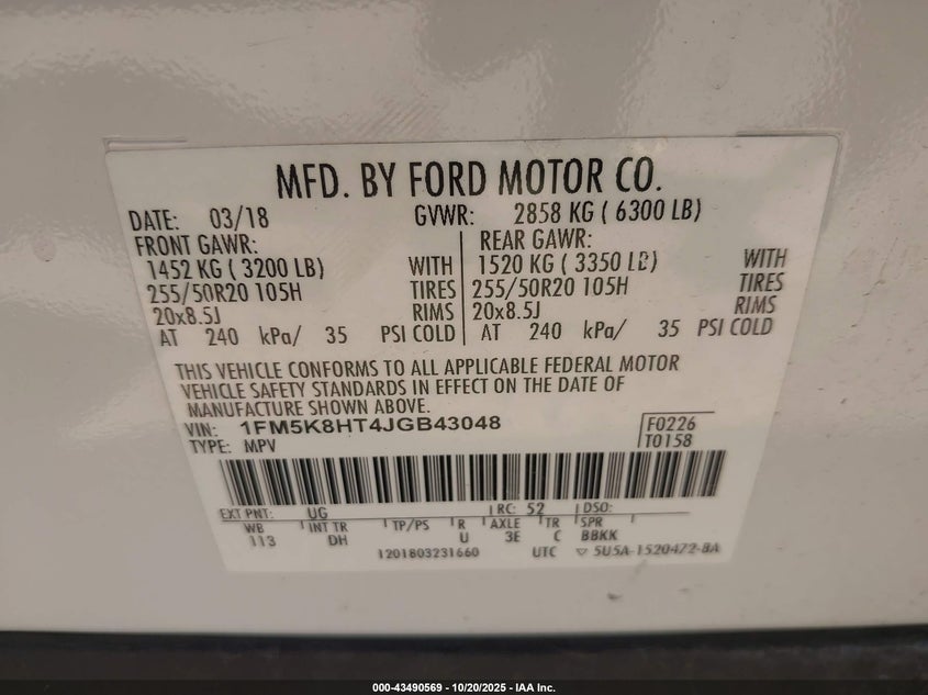 2018 FORD EXPLORER PLATINUM 1FM5K8HT4JGB43048