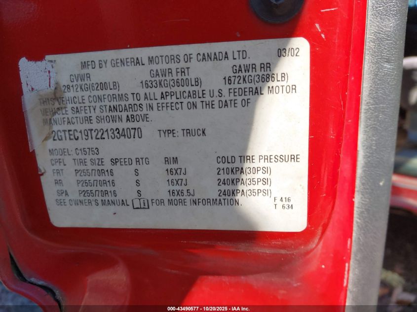 2002 GMC Sierra 1500 Sle VIN: 2GTEC19T221334070 Lot: 43490577