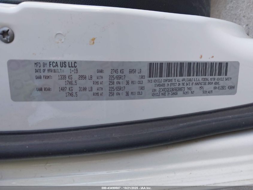 2019 Dodge Grand Caravan Gt VIN: 2C4RDGEG3KR630873 Lot: 43490587