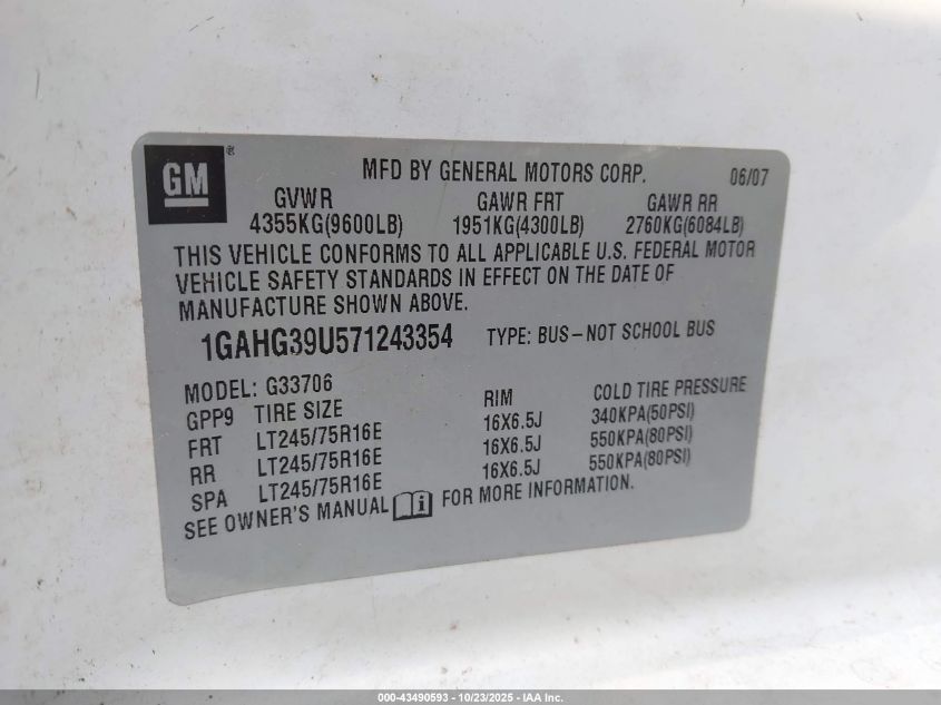 2007 Chevrolet Express Ls VIN: 1GAHG39U571243354 Lot: 43490593