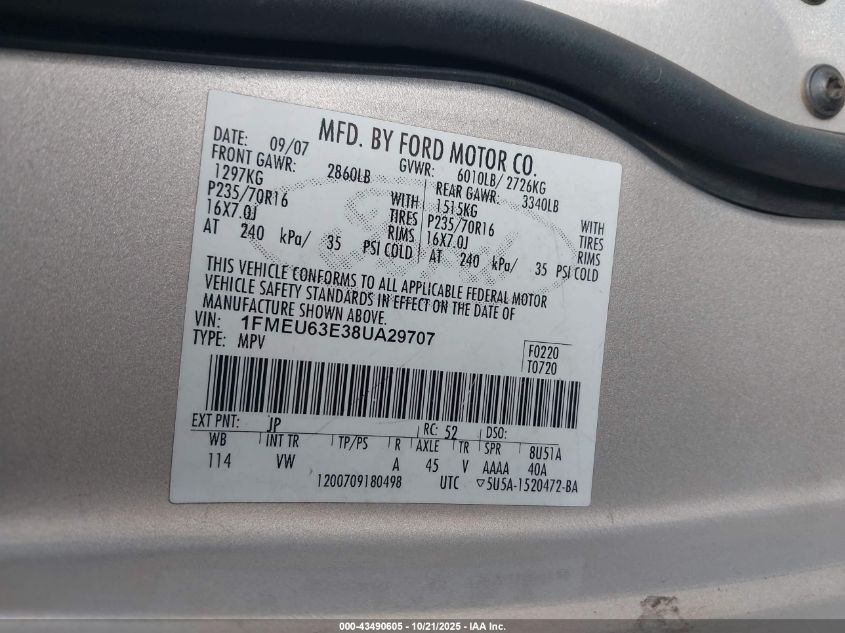 2008 Ford Explorer Xlt VIN: 1FMEU63E38UA29707 Lot: 43490605