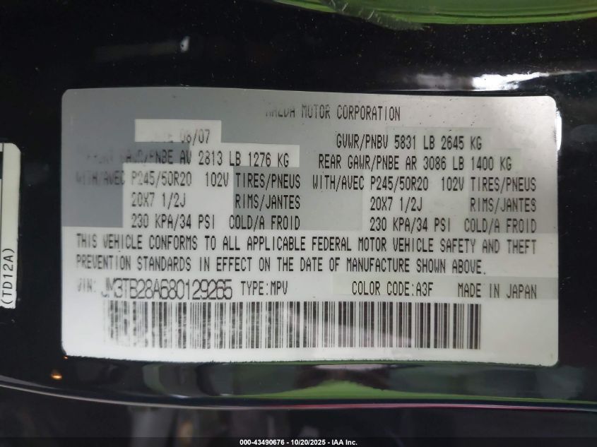 2008 Mazda Cx-9 Grand Touring VIN: JM3TB28A680129265 Lot: 43490676