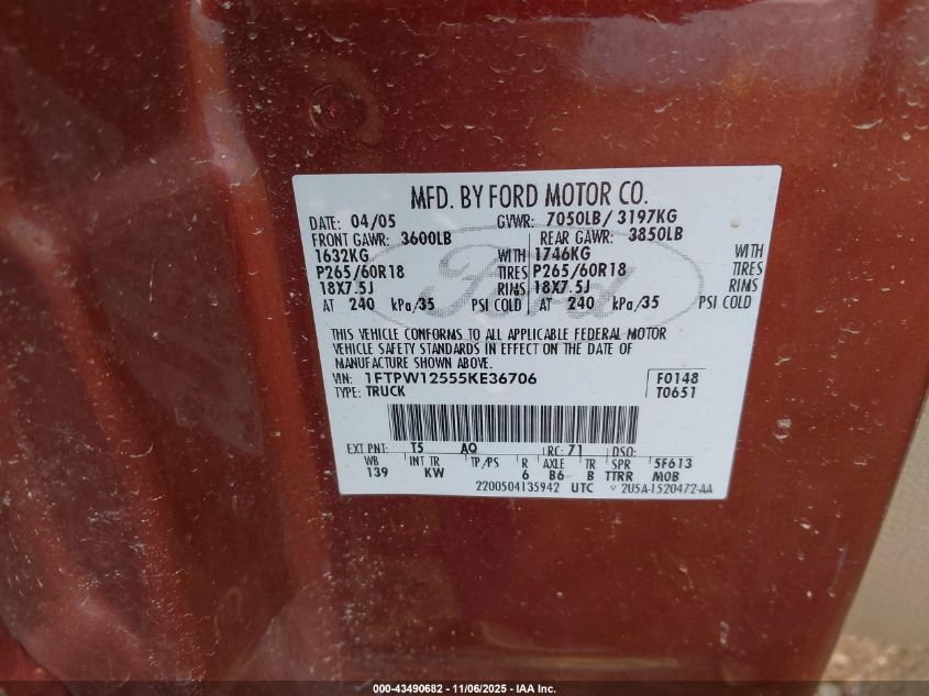 2005 Ford F-150 Lariat/Xlt VIN: 1FTPW12555KE36706 Lot: 43490682