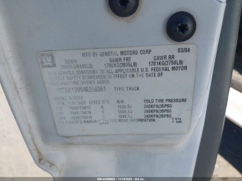 2004 GMC Sierra 1500 Work Truck VIN: 1GTEK19V54E286361 Lot: 43490683